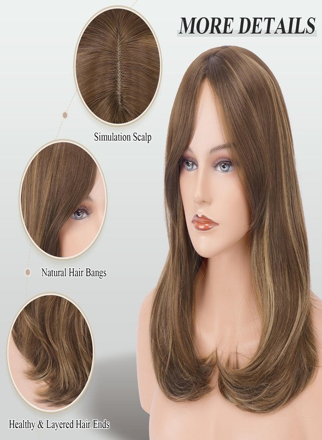 فيشبن شعر مستعار من فيشفين مع غرة للنساء، شعر مستعار صناعي طويل ذو طبقات مستقيمة بمظهر طبيعي، مناسب للاستخدام اليومي في الحفلات، طول 18 بوصة، بني مختلط أشقر - Image 4